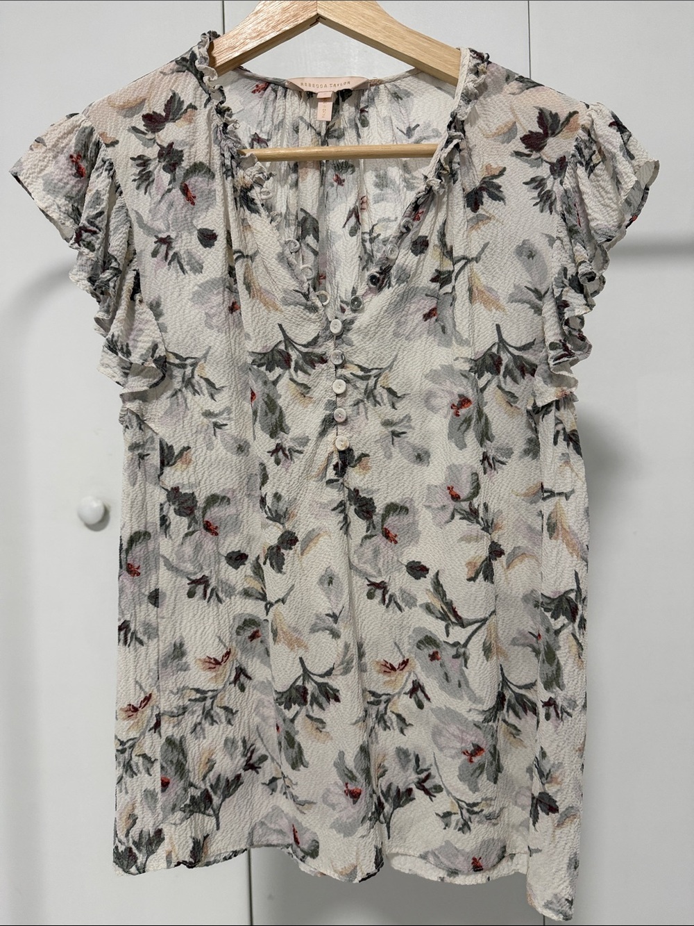 Rebecca Taylor Ivory 100% Silk Floral Button-Front Blouse